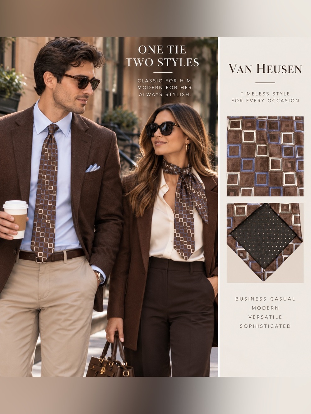 VauHeusen Men Women Square Print Silk Tie Blue & Cream Accents Traditional Size